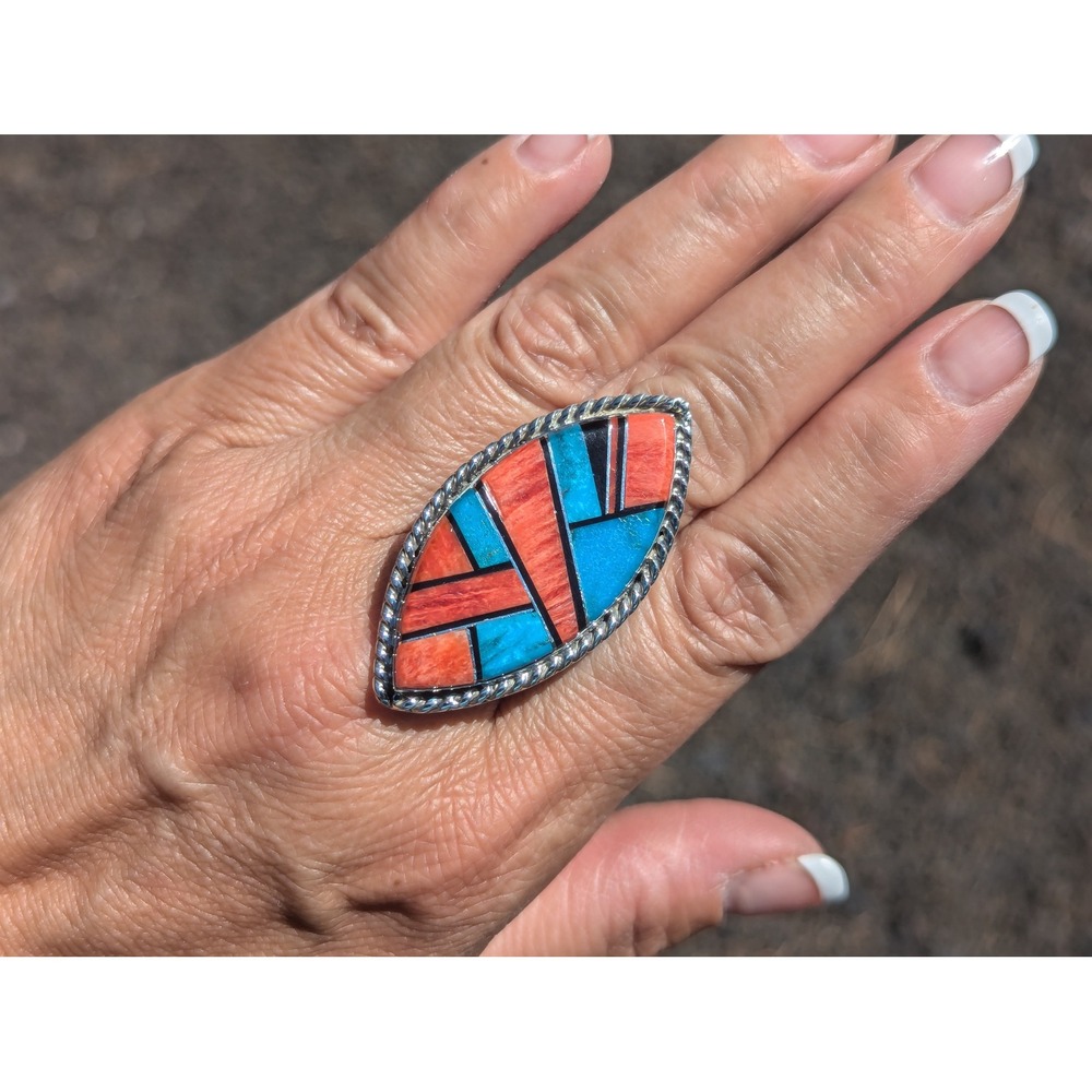 Navajo Ring | Handmade Native American Jewelry | Mosaic Signed by Artisan 8.75**